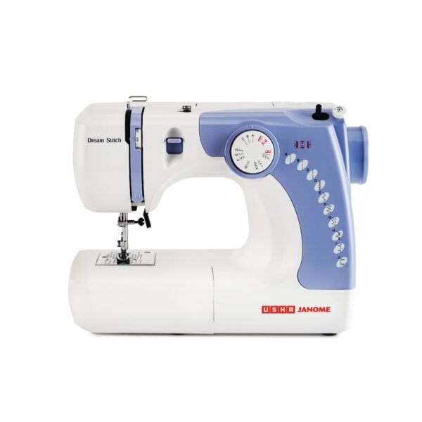Usha Janome Dream Stitch Automatic Zig-Zag Electric Sewing Machine || 7 Built-In-Stitches || 14 Stitch Function (White & Blue)with complementary Sewing Lessons in Nine languages