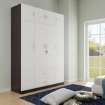 VIKI Wardrobe | Wooden Almirah for Clothes,Door for Bedroom with Loft, 4 Door Wardrobe with Drawer & Hanging Space (Dark Wenge with Frosty White - 40D x 160W x 180H) | 1 Year Warranty