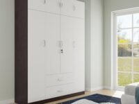 VIKI Wardrobe | Wooden Almirah for Clothes,Door for Bedroom with Loft, 4 Door Wardrobe with Drawer & Hanging Space (Dark Wenge with Frosty White - 40D x 160W x 180H) | 1 Year Warranty