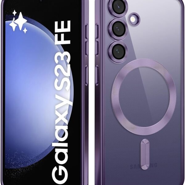 VONZEE Clear Logo Electroplating Transparent Case for Samsung Galaxy S23 FE 5G, Magnetic Plating [Support for MagSafe Charger] TPU Cover, Individual Camera Protection for Each Lens- Deep Purple