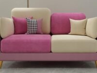 Velvet Contemperory Sofa Couch with Cushion Chaise Lounge Sectional Perfect for Living Room & Bedroom Guests Home & Office (2 Seater Pink & Beige)