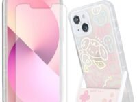 Viana Ultra Slim Phone Cover with Tempered Film for iPhone 13 Cartoon Graffiti Phone TPU Case with Stand Pink Soft Phone Case for Grils