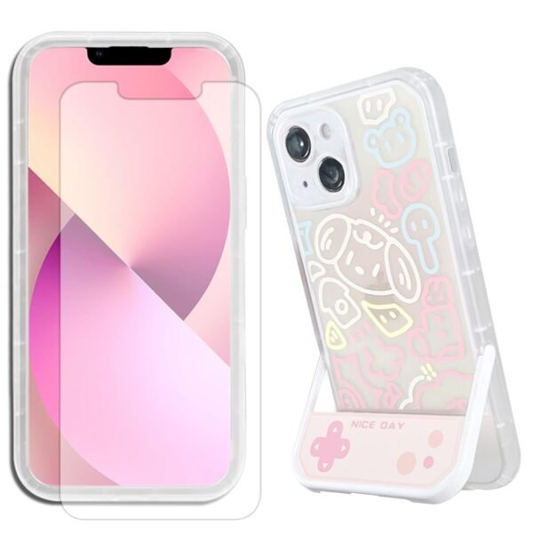 Viana Ultra Slim Phone Cover with Tempered Film for iPhone 13 Cartoon Graffiti Phone TPU Case with Stand Pink Soft Phone Case for Grils