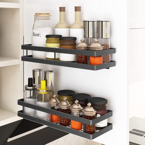 Wall-Mounted Spice Rack Organizer (Set of 2) – Black Hanging Spice Shelves in 16 in & 15 in Sizes, Farmhouse Seasoning Storage Organizer for Kitchen Wall, Space-Saving Shelf Holder