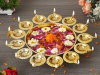 Webelkart Diya Shape Flower Decorative Urli Bowl for Home Handcrafted Bowl for Floating Flowers and Tea Light Candles,Office and Table Decor| Diwali Decoration Items (14 Inches), Gold