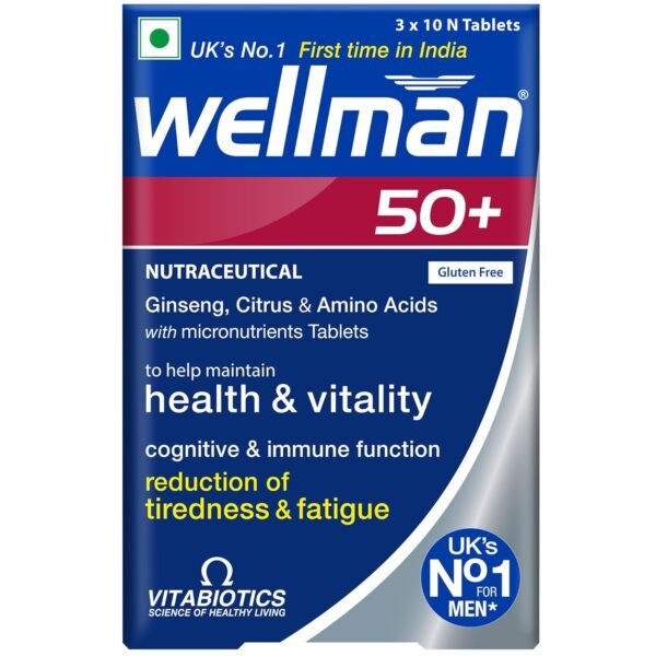 Wellman 50+ Multivitamin Tablets for Men Aged 50+ | Ginseng, Citrus & Amino Acids | Support Health & Vitality | Boost Cognitive & Immune Function | Reduce Tiredness & Fatigue | 30 Veg Tablets