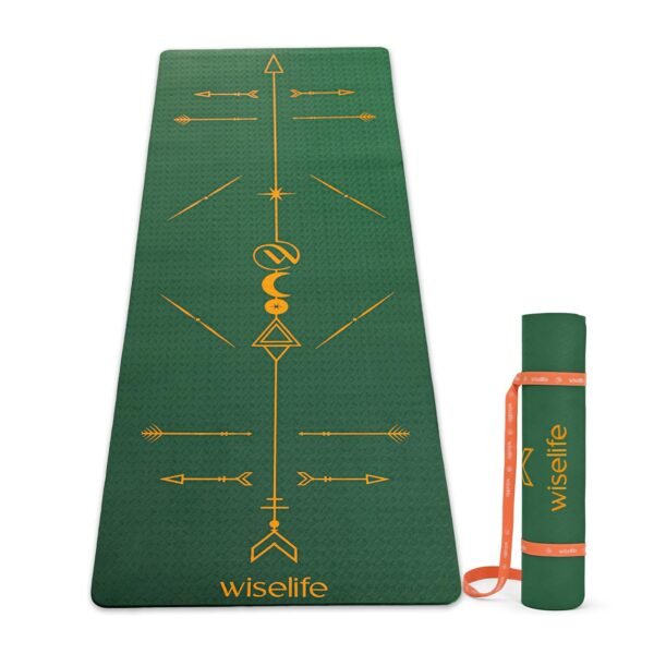 WiseLife TRUE Body BOHO Alignment Yoga Mat + Sleek Yoga Strap for Men & Women, Non-Slip, Extra Wide ECO TPE Exercise Mat for Home, Pilates, Gym & Fitness (Green 8mm)