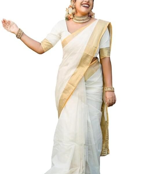 Women's Trendy Cotton Silk Saree With Blouse Material || Pongal Special South Indian Kerala Saree With Blouse Piece, White