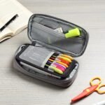 Wooum Polyester Expandable Pencil Pouch Big Pen Case Office College School Large Storage High Capacity Pouch Holder Organizer (Black-Grey)