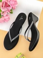 XE Looks Black Wedge Thong Sandals for Women | Beaded Crisscross Thong Straps with Subtle Sparkle | Cushioned Footbed & Slip-On Low Wedge Heel | Lightweight All-Day Comfort