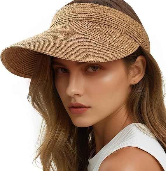 ZURATO Straw Hat Sun Cap for Women,Wide Brim Beach Hat for Women UV Protection Cap,Summer Packable Topper -UPF 50+, Korean Style Ponytail Topless Sun Visor