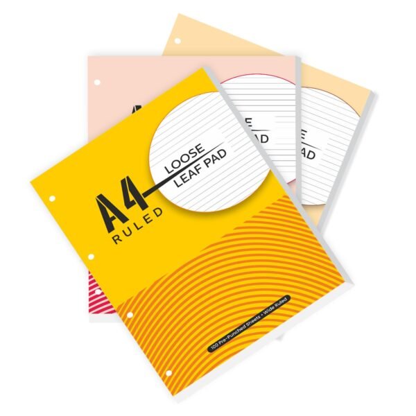 amazon basics A4 Loose Leaf Report Pad | Ruled | Pre Punched for Easy Filing | Tear Off Sheets | Multi-Colored Cover | Pack of 3 (100 Sheets Each)