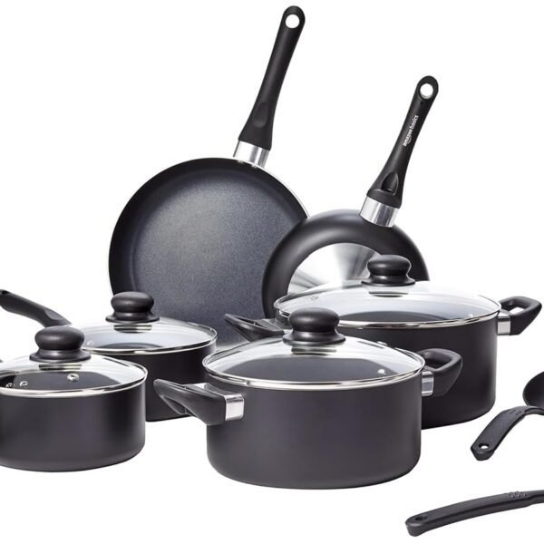 amazon basics Aluminum Non-Stick 15 Piece Cookware Set | 2-Way 3 Layer Non-Stick Coating | PFOA Free | High Temperature Resistant Exterior Coating, Black