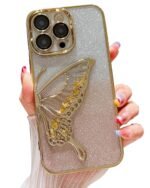 mobistyle Silicone Designed For iPhone 15 Pro Cover With Glitter Cute Butterfly Electroplating Design Back Cover Case For Women Teen Girls (Gold)