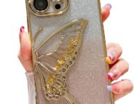 mobistyle Silicone Designed For iPhone 15 Pro Cover With Glitter Cute Butterfly Electroplating Design Back Cover Case For Women Teen Girls (Gold)