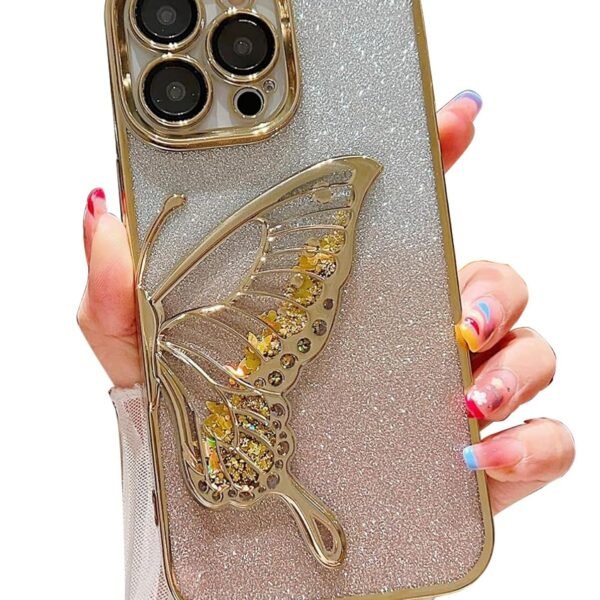 mobistyle Silicone Designed For iPhone 15 Pro Cover With Glitter Cute Butterfly Electroplating Design Back Cover Case For Women Teen Girls (Gold)