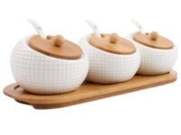 pepplo Porcelain Condiment Jar Spice Container with Lids - Bamboo Cap Holder Spot, Ceramic Serving Spoon, Wooden Tray, Kitchen, Counter.(1 Set Contain 3Pcs of Jar), White