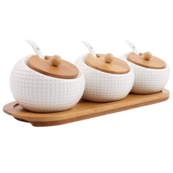 pepplo Porcelain Condiment Jar Spice Container with Lids - Bamboo Cap Holder Spot, Ceramic Serving Spoon, Wooden Tray, Kitchen, Counter.(1 Set Contain 3Pcs of Jar), White