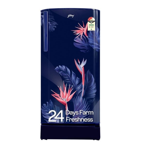 Godrej 183 L 3 Star | Toughened Glass Shelves | 24 Day Farm Freshness | Jumbo Vegetable Tray | Turbo Cooling Technology | Direct Cool Single Door Refrigerator (RD R190C THF FR BL, Floral Blue)