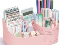 360 Degree Rotating Desk Makeup Brush Organizers and Pencil Pen Organizers for Desk Desktop Storage Stationery Supplies Cute Pencil Cup Pot for Office School Home (BABY PINK)