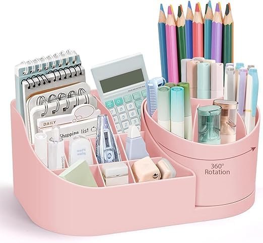360 Degree Rotating Desk Makeup Brush Organizers and Pencil Pen Organizers for Desk Desktop Storage Stationery Supplies Cute Pencil Cup Pot for Office School Home (BABY PINK)