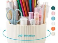 360° Rotating Pen & Pencil Holder – Multi-Compartment Desk Organizer for Office & Home Storage, Scissors, Markers, and Stationery – White