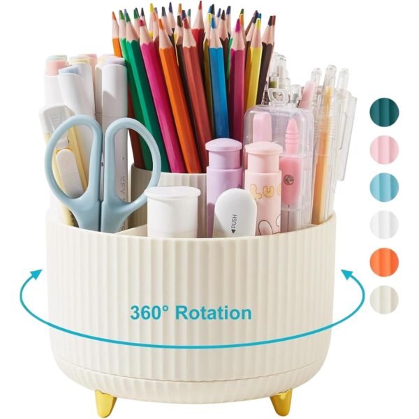 360° Rotating Pen & Pencil Holder – Multi-Compartment Desk Organizer for Office & Home Storage, Scissors, Markers, and Stationery – White
