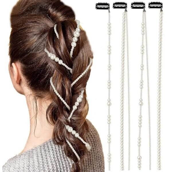 4 Pcs Premium Faux Pearls Hair Accessories Hand-made Imitation Pearl Hair Chains Hair Clip Wedding Artificial String of Pearls for Braids for Women,