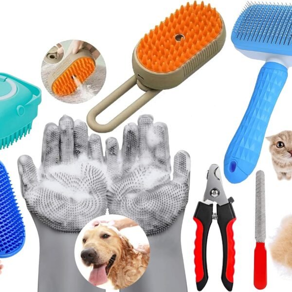 6-in-1 Pet Grooming Combo for Dogs & Cats | Bathing Brush, Silicone Shampoo Dispenser, Deshedding Glove, Slicker Brush, Nail Clipper & File | Complete Pet Cleaning, Bathing & Shedding Care Kit
