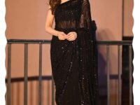 AKHILAM Women's Heavy Georgette Sequence Work Saree With Unstitched Blouse Piece