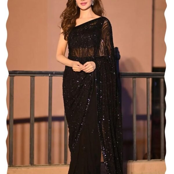 AKHILAM Women's Heavy Georgette Sequence Work Saree With Unstitched Blouse Piece