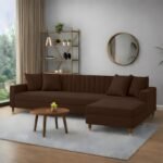 AMATA Elegant Solid Wood 4 Seater L Shape Brwon Suede Velvet Sofa Set with Four Cushions Perfect for Home Office Guests Living Room (02 Brown, L Shape)(3 Year Warranty)