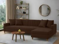 AMATA Elegant Solid Wood 4 Seater L Shape Brwon Suede Velvet Sofa Set with Four Cushions Perfect for Home Office Guests Living Room (02 Brown, L Shape)(3 Year Warranty)