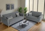 Adorn India Premium Luster 3+2 Sofa Set | Velvet Suede Fabric | 3-Year Warranty | Color Grey with Golden Legs & Striped Pattern Cushion
