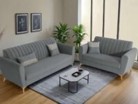 Adorn India Premium Luster 3+2 Sofa Set | Velvet Suede Fabric | 3-Year Warranty | Color Grey with Golden Legs & Striped Pattern Cushion