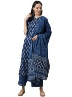 Amayra Women's Cotton Printed Straight Kurta with Palazzos and Dupatta Set