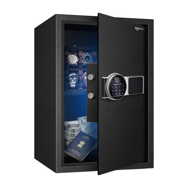 Amazon Basics 55 Litres Fingerprint Safes for Home & Office - Fingerprint Lock 3-in-1 | locker safe with Motorized Door Locking Mechanism | Size : 55 H x 35 W x 36 D(cm) | Black | Weight: 25 Kgs