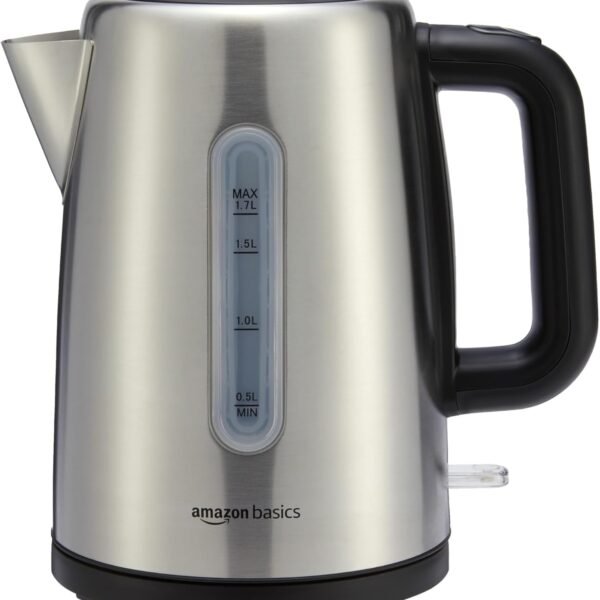 Amazon Basics Electric Stainless Steel Kettle for Tea and Coffee, BPA-Free, Fast Boiling, Auto Shut-Off, Boil-Dry Protection, 1.7 Liter, 1500W, Black and Silver