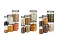 Amazon Brand - Solimo Checkered Jar Container, Set of 18 (6 pcs x 250 ml Each, 6 pcs x 500 ml Each, 6 pcs x 1000 ml Each), Black | Kitchen Organiser | BPA Free | Stackable