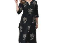 Arayna Women's Gold Printed Rayon Black Kurta Set with Ethnic Palazzo Pants