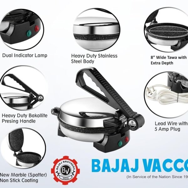BAJAJ VACCO® Electric Go-Ezzee Chapati/Roti/Khakhra Maker C-02 Wattage 900, Stainless Steel, Black