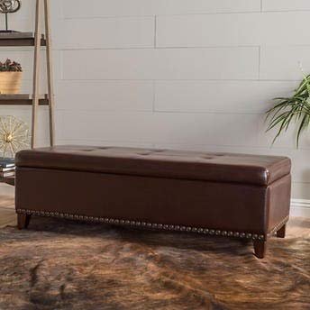 BLACK OAK Baltimore Upholstered Storage Bench 2 Seater Sofa Couch Poufffe Ottoman with Storage Brown Leatherette