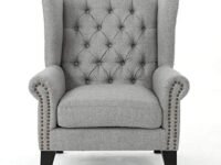 BLACK OAK Osvaldo Solid Wood Chesterfield Upholstered Arm Chair Wingback Chair for Living Room High Back Wing Chair Cushioned Lounge Chair Single Seater Light Grey