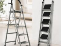 BUILDSKILL 5 Step Ladder for Home Use with Built-in Tool Tray | Heavy Duty D Shape Rods | 20 x 30 cm Large Platform | Wide Rubber Feet | Secure Lock | 150Kg Capacity Foldable Ladder - 5 Years Warranty