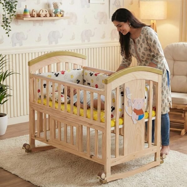 BabyTeddy ® 9 in 1 Patented Multifunctional Baby Crib, Baby Wooden Cot, Baby Bed Cradle, Rocker/Swing,Convertible Desk and Kid’s Sofa with Mattress and Mosquito Net (Natural)