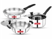 Butterfly Classic Stainless Steel Cookware 5 Pcs Set|Fry Pan 22Cm(1.4L)|Kadai 22Cm(2.2L)|Saucepan 16Cm(1.6L) with Steel Lids|Induction Base,Triply Bottom|Even,Fast Cooking with Less Oil,Silver