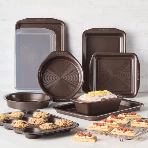 Circulon Nonstick Bakeware Set with Nonstick Bread Pan, Baking Pans, Baking Sheets, Cookie Sheets, Cake Pan and Muffin Pan / Cupcake Pan - 10 Piece, Chocolate Brown