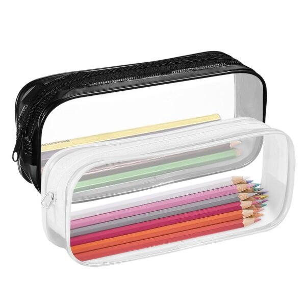 Clear Pencil Case Set of 2, Transparent PVC Zipper Pouch Black and White, Waterproof Cosmetic Makeup Bag, Portable Stationery Organizer for School Office Travel (20 × 8 × 3 cm)