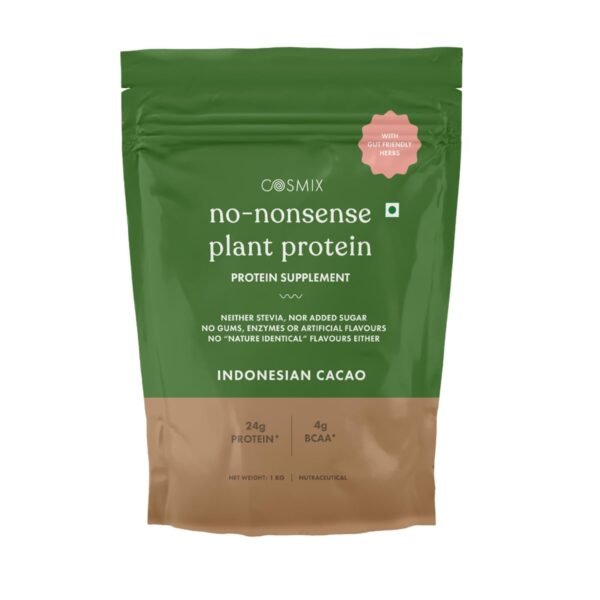 Cosmix No-Nonsense Plant Protein | 24 Protein/Serve, 1Kg Pouch | Indonesian Cacao (Chocolate) | Plant Based Protein, Pea & Rice Isolate | Clean, Easy to Digest | All Essential Amino Acids