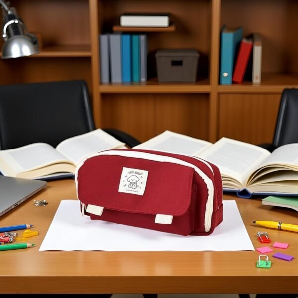 Cute Pencil Pouch Large Capacity Multi-Compartment Zipper Bag Canvas Box Stationery Case and School Supplies Organizer (Red)